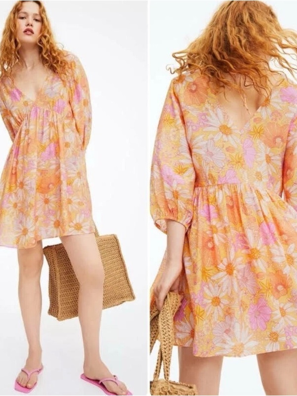H&M Flower V-Neck Boho Tunic Dress — Pink & Yellow Daisy Print